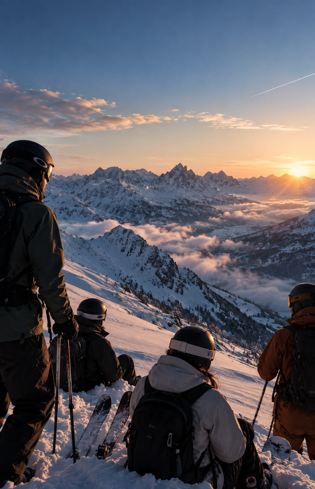 Sciatore in cresta all'alba con vette innevate illuminate di arancione
