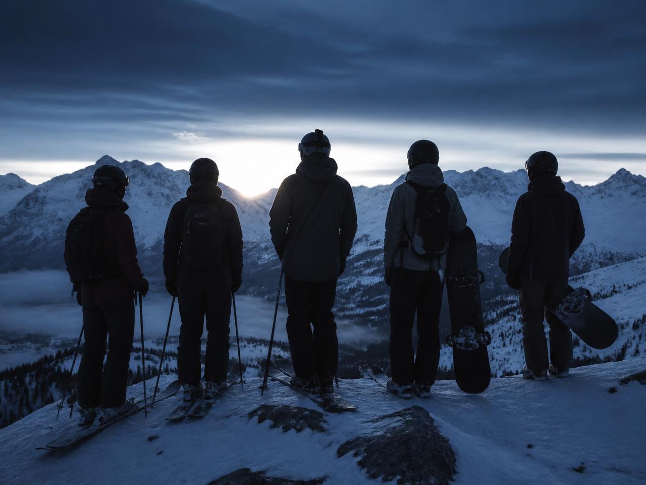 Gruppo di sciatori e snowboarder in cresta al tramonto